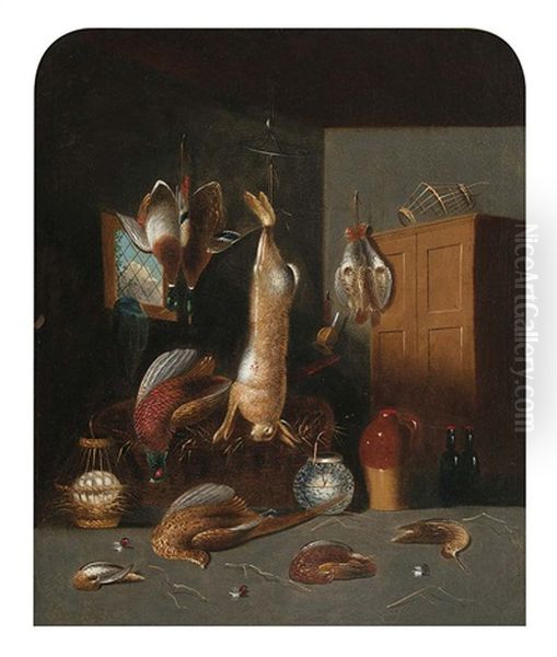 Still Life With Rabbit, Pheasants, Demijohns, Wine Bottles And Baskets Oil Painting by William Buelow Gould