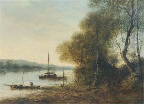 Abendstimmung Am Fluss Mit Fischerbooten Oil Painting by Henri Gounin