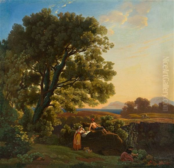 Arkadische Landschaft Mit Einem Liebespaar Und Einem Reiter Oil Painting by Ernest Goupil