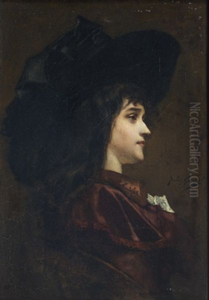 Jeune Femme De Profil Au Chapeau Noir Oil Painting by Jules Adolphe Goupil