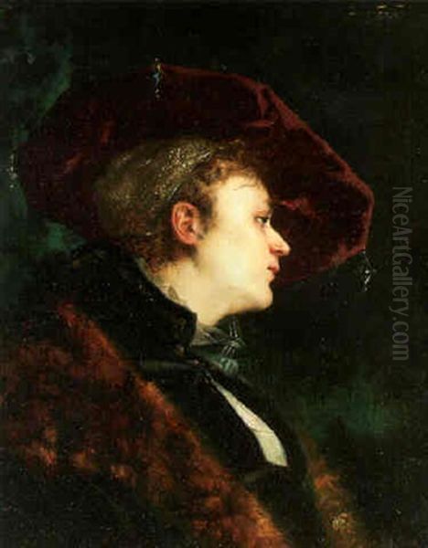 Portrait Of A Lady With Scarlet Velvet Hat Oil Painting by Leon Lucien Goupil