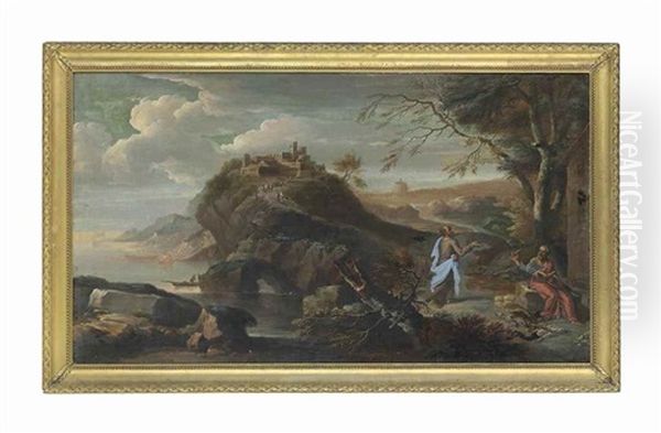 A Coastal Landscape With Hippocrates And Democritus Oil Painting by Joseph Goupy