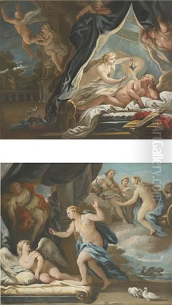 Psyche Discovering The Sleeping Cupid And Venus Chides Cupid (pair) Oil Painting by Joseph Goupy