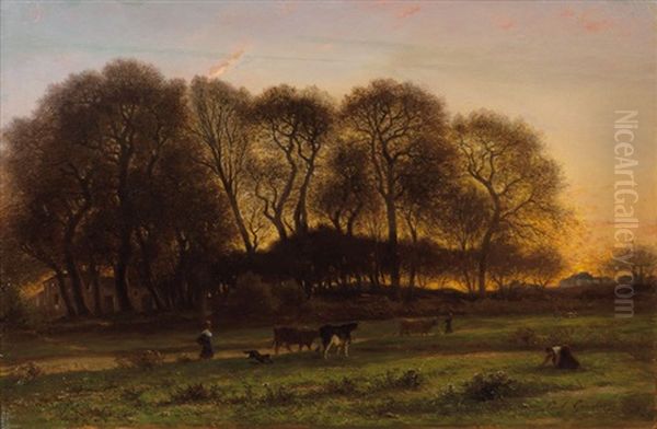 Evening In Barbizon Oil Painting by Paul Dominique Gourlier