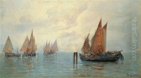 Segelboote Vor Der Kuste Oil Painting by Louise De Goussaincourt De Gauvain