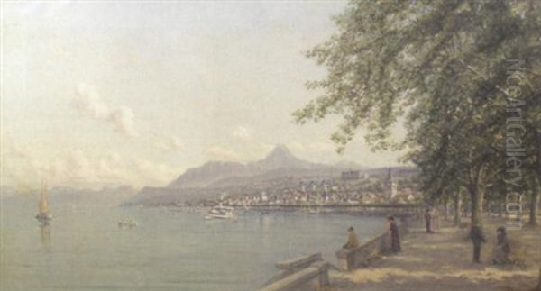 Vue Sur Evian Oil Painting by Louise De Goussaincourt De Gauvain