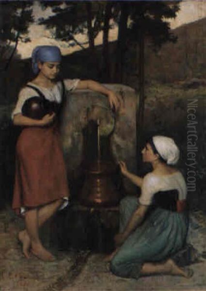 Italiennes A La Fontaine Oil Painting by Louise De Goussaincourt De Gauvain