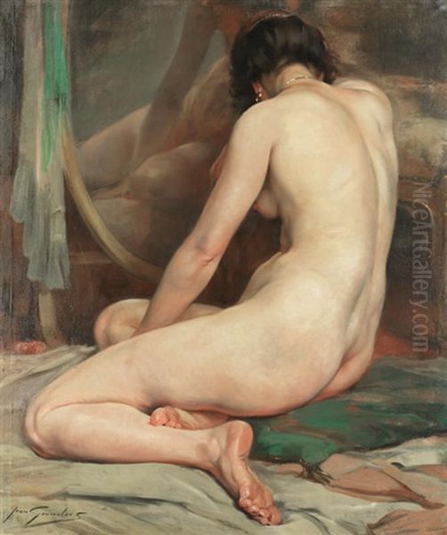 A Seated Nude Before A Mirror Oil Painting by Jean Leon Henri Gouweloos