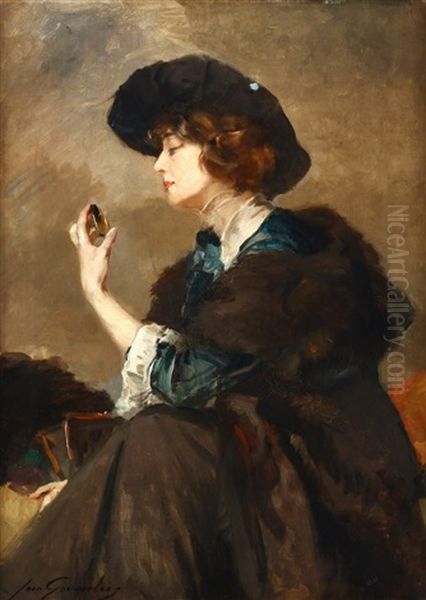 Portrait Of A Lady In Hat With Compact Oil Painting by Jean Leon Henri Gouweloos