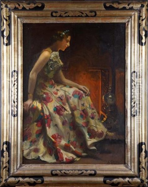 Elegante A La Robe Fleurie Oil Painting by Jean Leon Henri Gouweloos