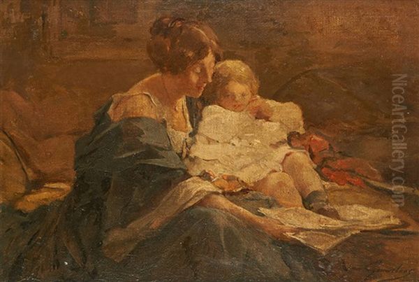 L'apprentissage De La Lecture Oil Painting by Jean Leon Henri Gouweloos