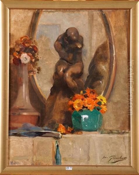 Nature Morte A La Sculpture Et Aux Fleurs Oil Painting by Jean Leon Henri Gouweloos