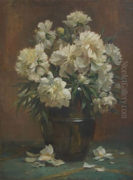 Vase Fleuri De Pivoines Blanches Oil Painting by Jean Leon Henri Gouweloos