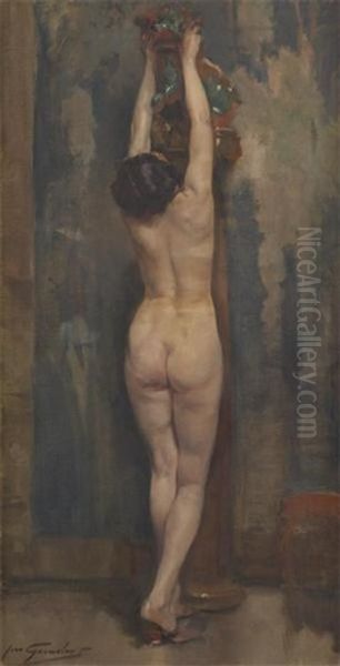 Jeune Femme Nue Au Chien De Fo Oil Painting by Jean Leon Henri Gouweloos