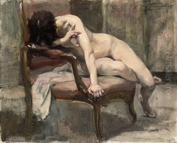 A Seated Nude Oil Painting by Jean Leon Henri Gouweloos