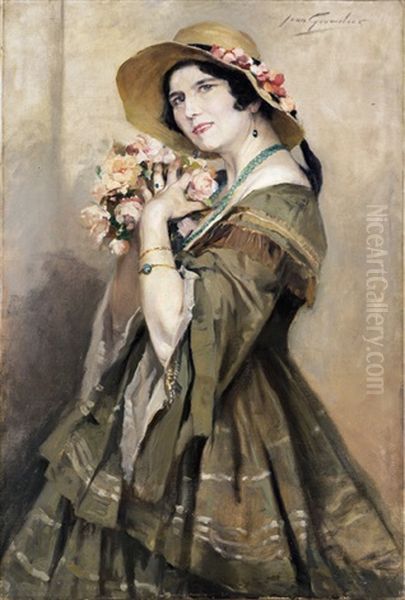 Vrouw Met Bloemenhoed Oil Painting by Jean Leon Henri Gouweloos