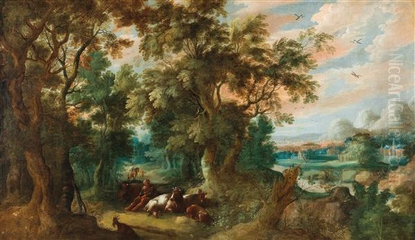 A Wooded Landscape With Shepherds And Their Flock Oil Painting by Abraham Govaerts