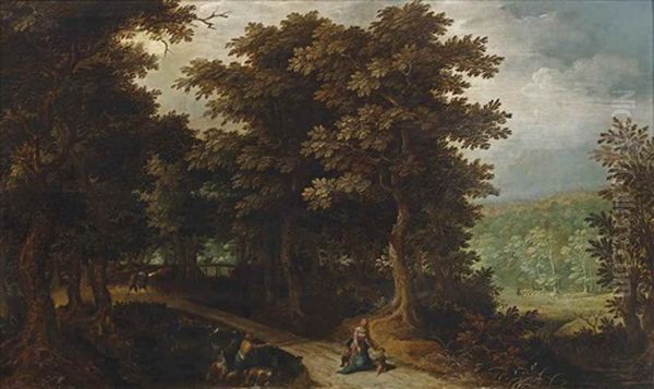 A Wooded Landscape With Latona Turning The Peasants Into Frogs Oil Painting by Abraham Govaerts