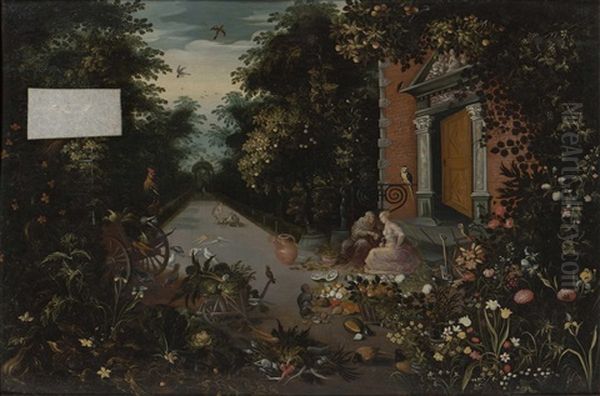 Vertumnus And Pomona In A Garden Setting With Fruits, Vegetables, And Exotic Animals And Birds Such As A Macaw And A Monkey: An Allegory Of Harvest Or Plenty Oil Painting by Abraham Govaerts