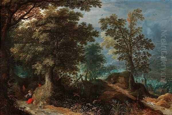 A Wooded Landscape With Travellers Oil Painting by Abraham Govaerts