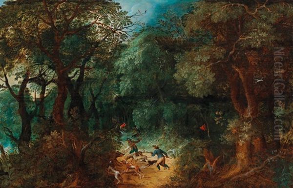 A Forest Landscape With A Bear Hunt Oil Painting by Abraham Govaerts