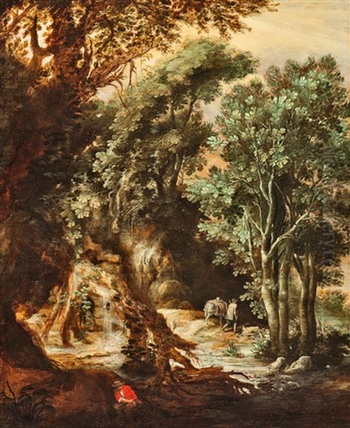 Forest Landscape With A Muleteer And A Fisherman Oil Painting by Abraham Govaerts