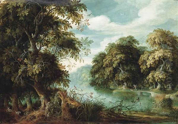 An Arcadian Wooded River Landscape With Animals In The Thickets, Travellers With A Dog On A Path Beyond Oil Painting by Abraham Govaerts