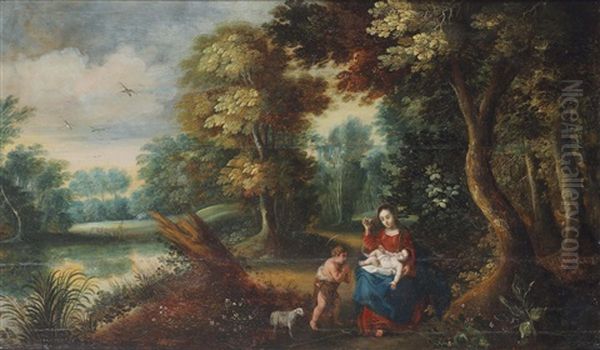 A Wooded Landscape With Mary And Child With The Infant Saint John The Baptist Oil Painting by Abraham Govaerts