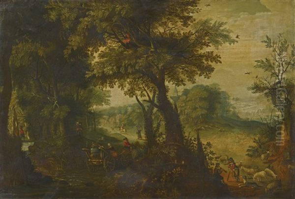 A Landscape With Sheep Grazing In A Forest Oil Painting by Abraham Govaerts