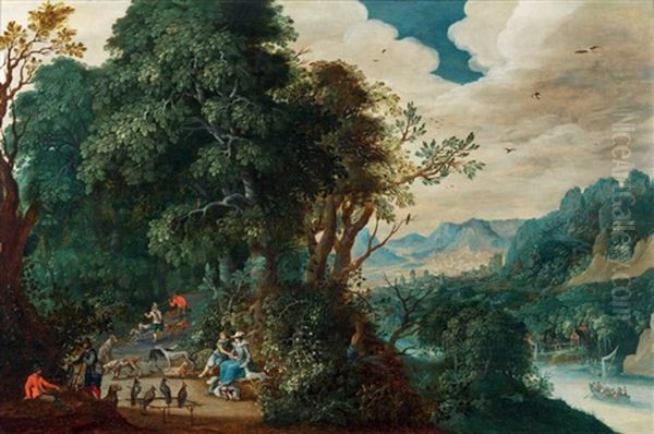 Chasseurs Au Faucon Dans Un Sous-bois Oil Painting by Abraham Govaerts