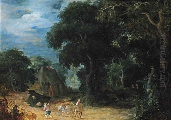 A Wooded Landscape With A Woman In A Horsedrawn Cart And A Shepherd On A Path, A Peasant Playing A Flute In The Foreground Oil Painting by Abraham Govaerts