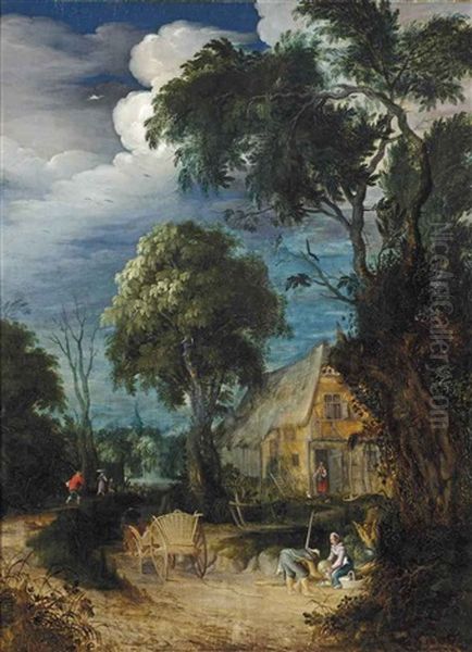 A Wooded Landscape With Figures Resting By A Cottage, A Horsedrawn Cart And Herdsmen Nearby Oil Painting by Abraham Govaerts