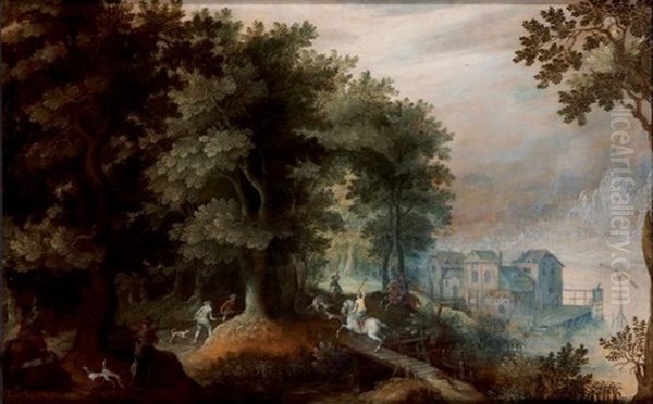 Scene De Chasse A Courre Dans Une Foret Pres D'un Lac Oil Painting by Abraham Govaerts