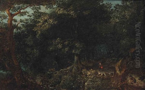 A Wooded Landscape With Hunters On A Path Oil Painting by Abraham Govaerts