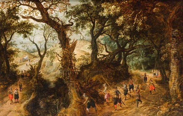 Paisaje Boscoso Con Soldados Preparando Una Emboscada Oil Painting by Abraham Govaerts