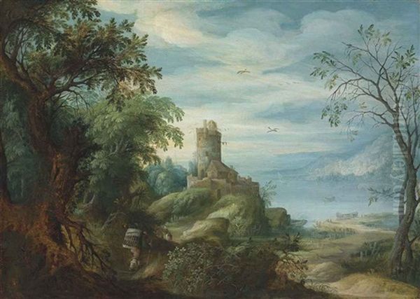 An Extensive Mountainous Landscape With A Turret On A Hill, Faggot Gatherers At The Edge Of A Forest And A Lake In The Distance Oil Painting by Abraham Govaerts