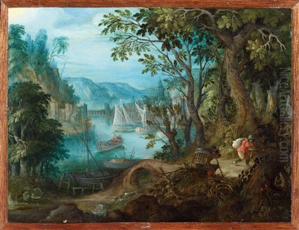 Wald- Und Flusslandschaft Mit Reisigsammlern Oil Painting by Abraham Govaerts