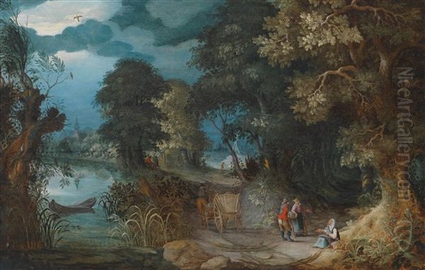 Bewaldete Landschaft Mit Einem Kahn Auf Einem Fluss, Mit Einem Pferdefuhrwerk Und Wanderern Auf Einem Weg Rechts Oil Painting by Abraham Govaerts