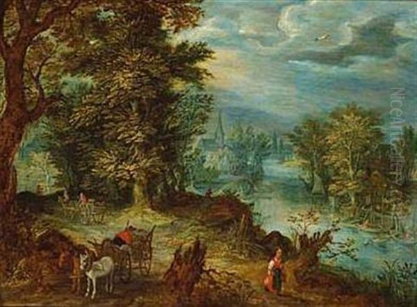 Paysage De Bord De Riviere Anime Oil Painting by Abraham Govaerts