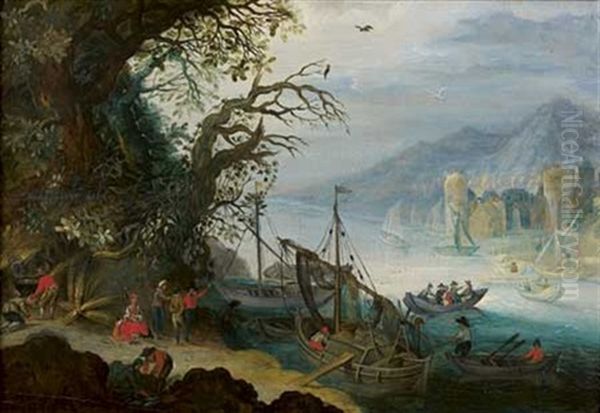 Paysage De Riviere Avec Des Bateaux Oil Painting by Abraham Govaerts