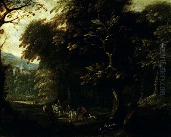 Carriole Et Paysans Sur Un Chemin En Bordure De Foret Oil Painting by Abraham Govaerts