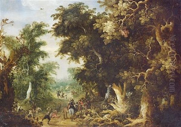 Soldiers And Bandits On A Wooded Track Oil Painting by Abraham Govaerts