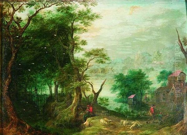 Bewaldete Fluslandschaft Mit Rastendem Dudelsackspieler Und Seiner Schafherde Sowie Zwei Wanderern, Rechts Im Hintergrund Ein Dorf Oil Painting by Abraham Govaerts