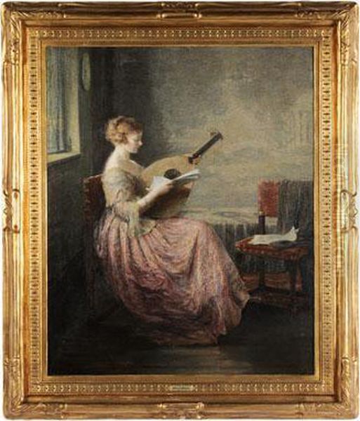 Woman With A Lute Oil Painting by William Jacob Baer