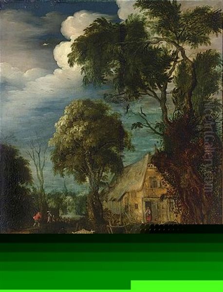 A Wooded Landscape With Peasants With A Horse-drawn Cart Near A Farm And Shepherds With Their Flock On A Path In The Background by Abraham Govaerts