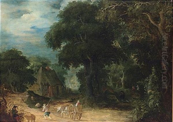 A Wooded Landscape With A Woman In A Horse-drawn Cart And A Shepherd And His Herd On A Path Oil Painting by Abraham Govaerts