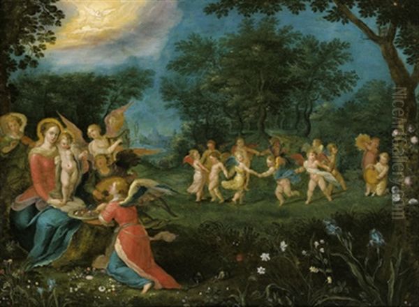 Maria Mit Dem Kind Und Musizierenden Engeln Sowie Einem Engel, Der Fruchte Reicht, Im Hintergrund Ein Puttenreigen In Einer Marchenhaften Waldlandschaft Mit Blumen (collab. W/frans Francken ,the Young Oil Painting by Abraham Govaerts