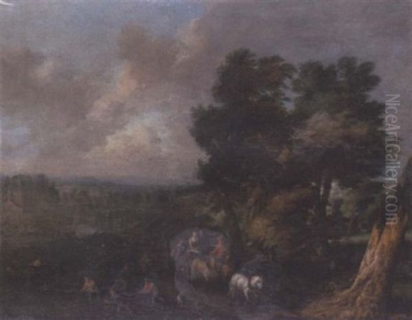 A Wooded River Landscape With Travellers In A Coach Passing Fishermen Hauling In Their Catch Oil Painting by Abraham Govaerts