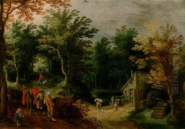 A Wooded Landscape With Travellers In The Foreground And Figures Outside A Watermill Beyond Oil Painting by Abraham Govaerts