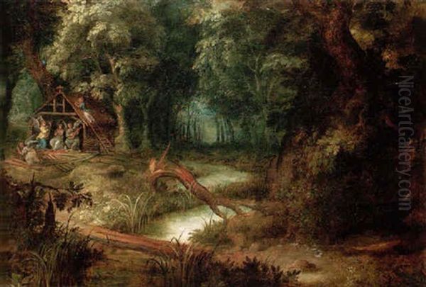 A Landscape With Saint Mary Magdalene Attended By Angels In Her Hut Oil Painting by Abraham Govaerts